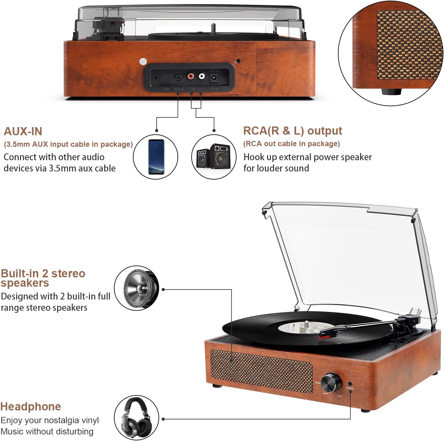 3-speed portable retro turntable,orange