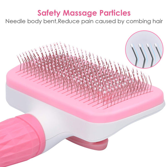 Self-cleaning pet brush, removes undercoat, pink