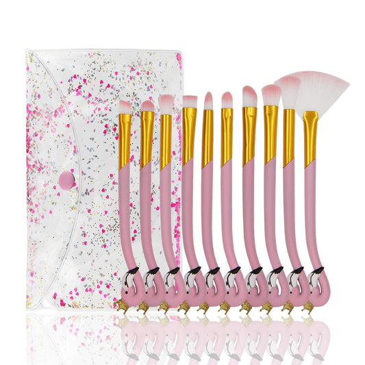 10 Piece Flamingo Shaped Design Brush Sets with Cosmetic Bag