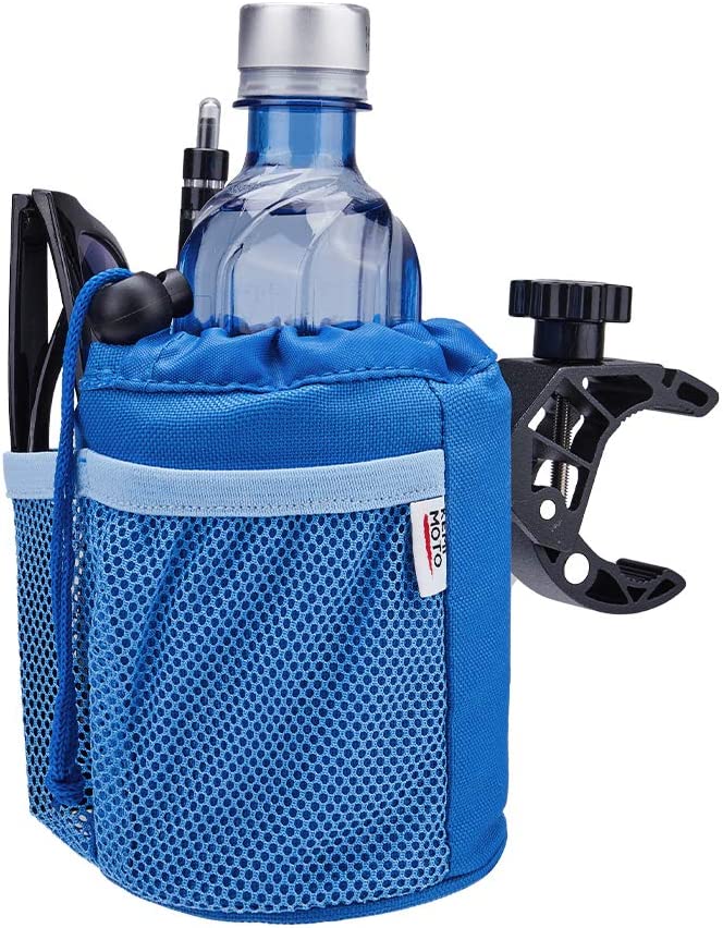 Motorcycle cup holder with drain and crocodile clamp, blue