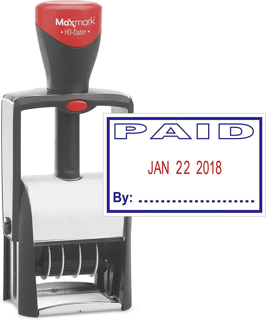 "Paid" self-inking stamp Heavy duty date stamp. blue/red ink
