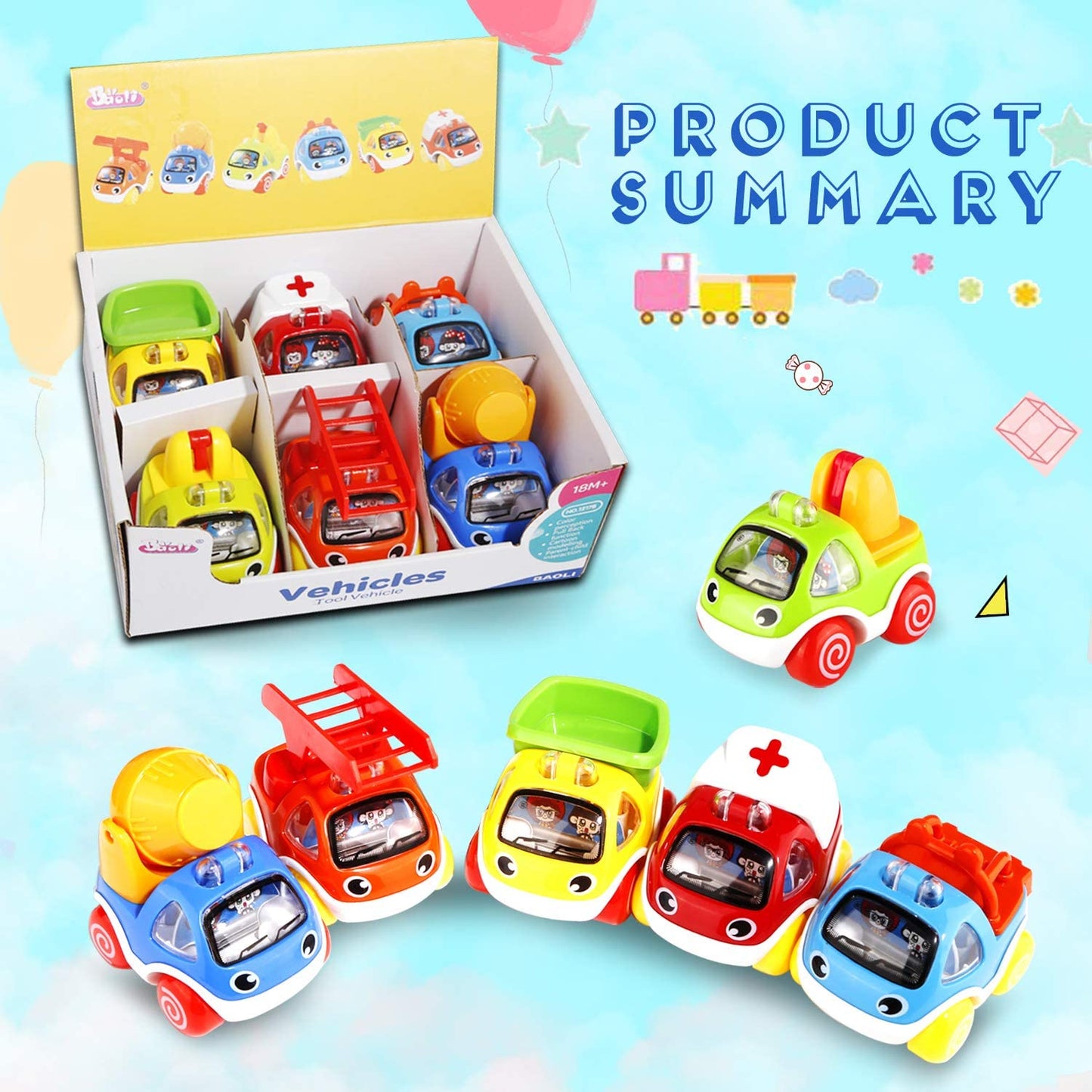 Baby toy car, 6 pieces, multicolored