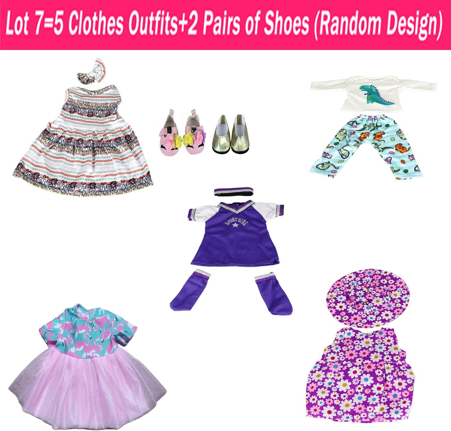 18 inch doll clothes, 5 daily wear clothes, dress + 2 shoes