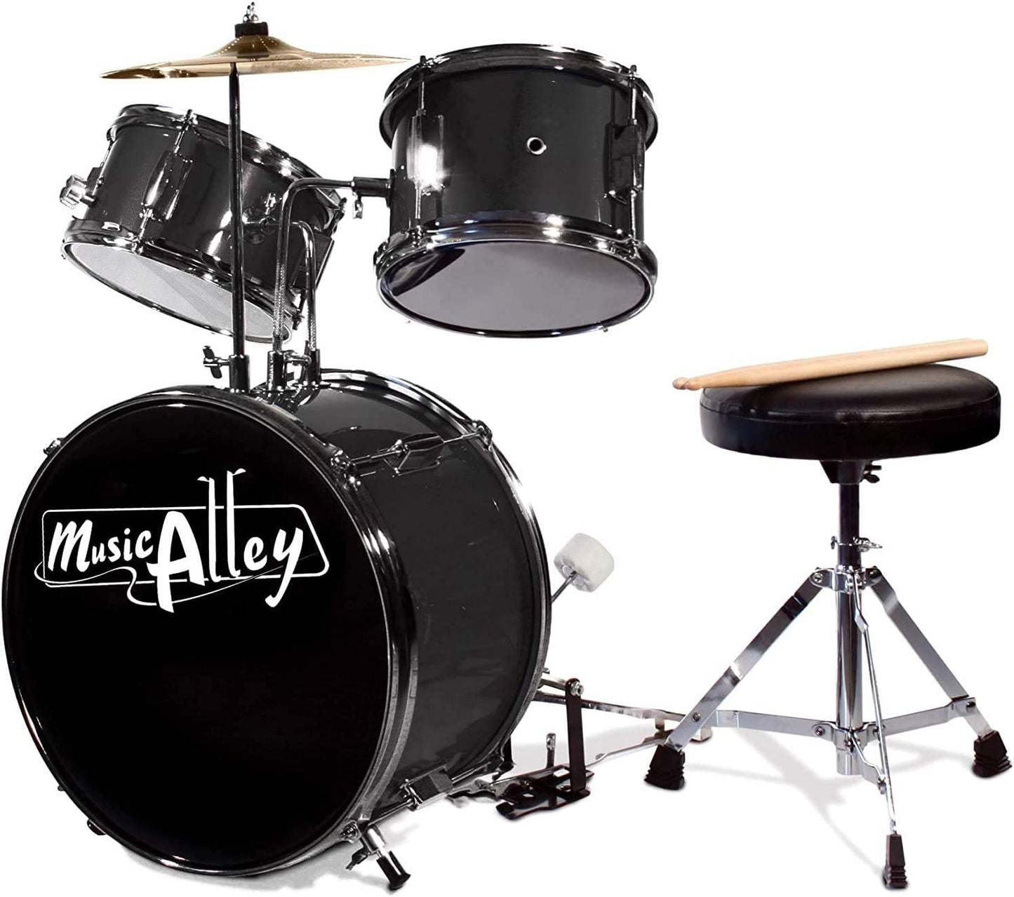 3-Piece Kids Drum Kit,Cymbal,Pedal and Drumsticks,Metallic Black