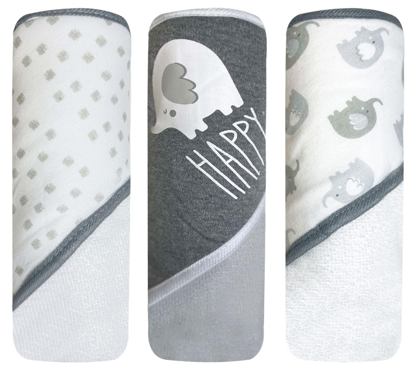 3 Pack hooded baby towel set newborns, color: happy elephant grey