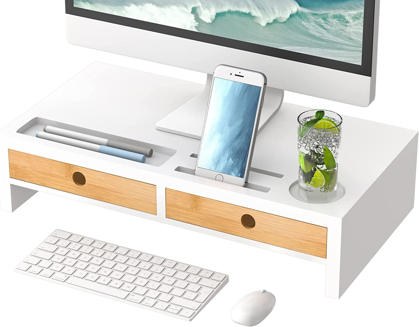 Desk Organizer with Monitor Stand and Drawers (White and Bamboo)