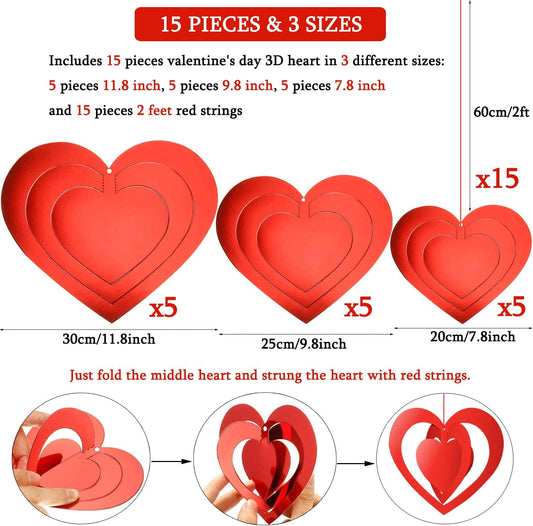 15 Pieces 3D Heart Hanging Decorations for Valentine's Day