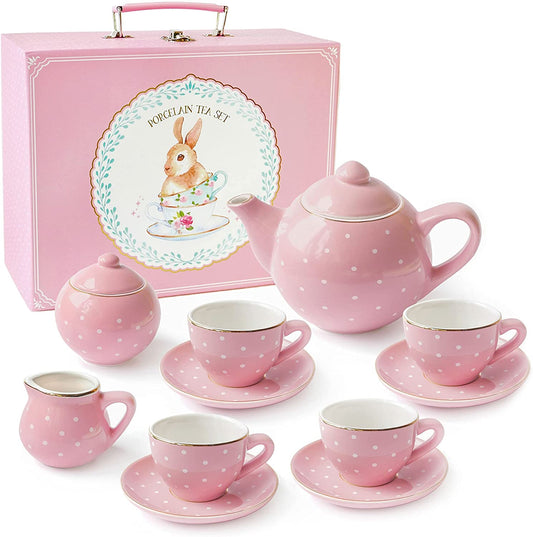 Girls Porcelain Tea Set, Pink Polka Dots, 13-Piece