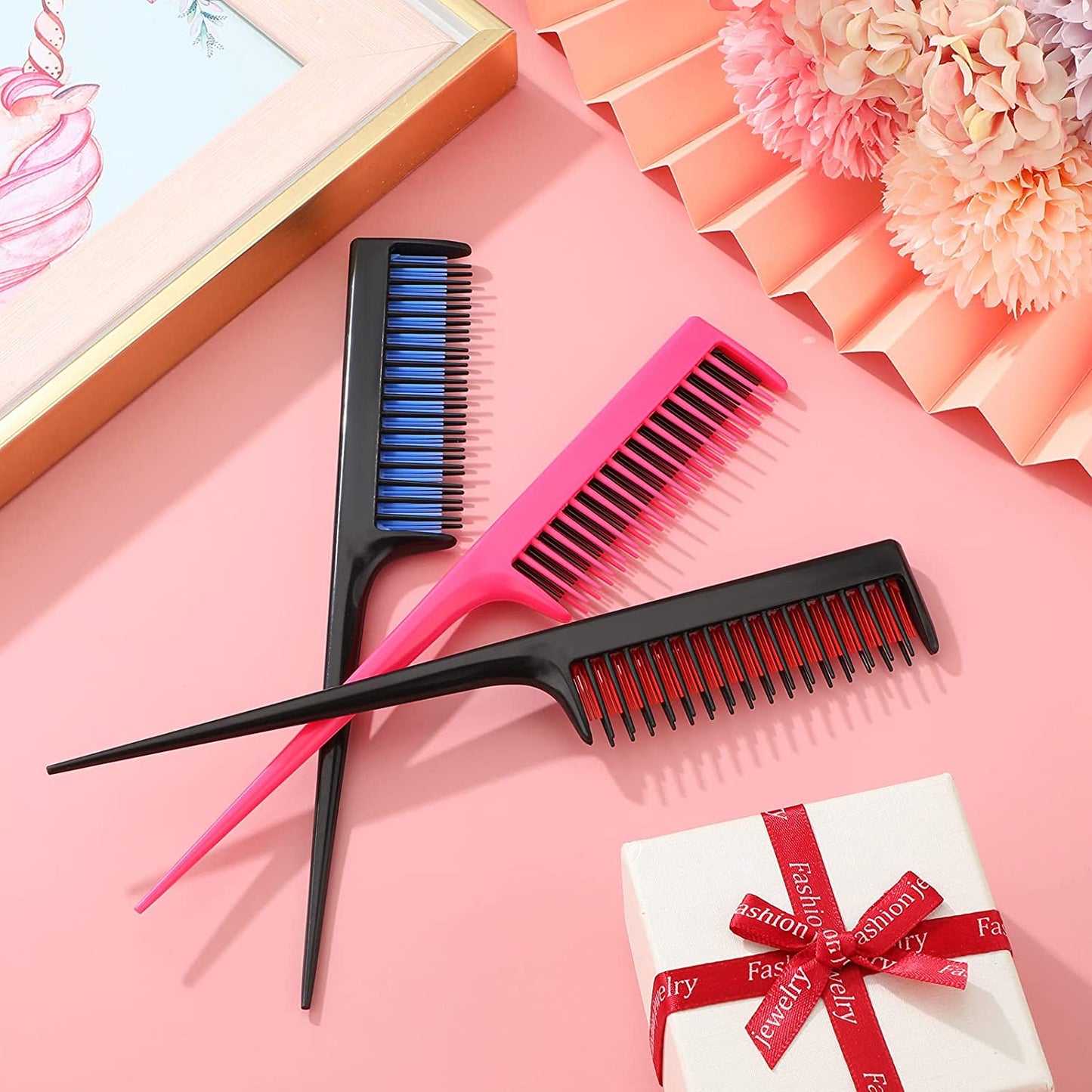 3-piece triple comb rat tail comb (black and red,  blue, pink)