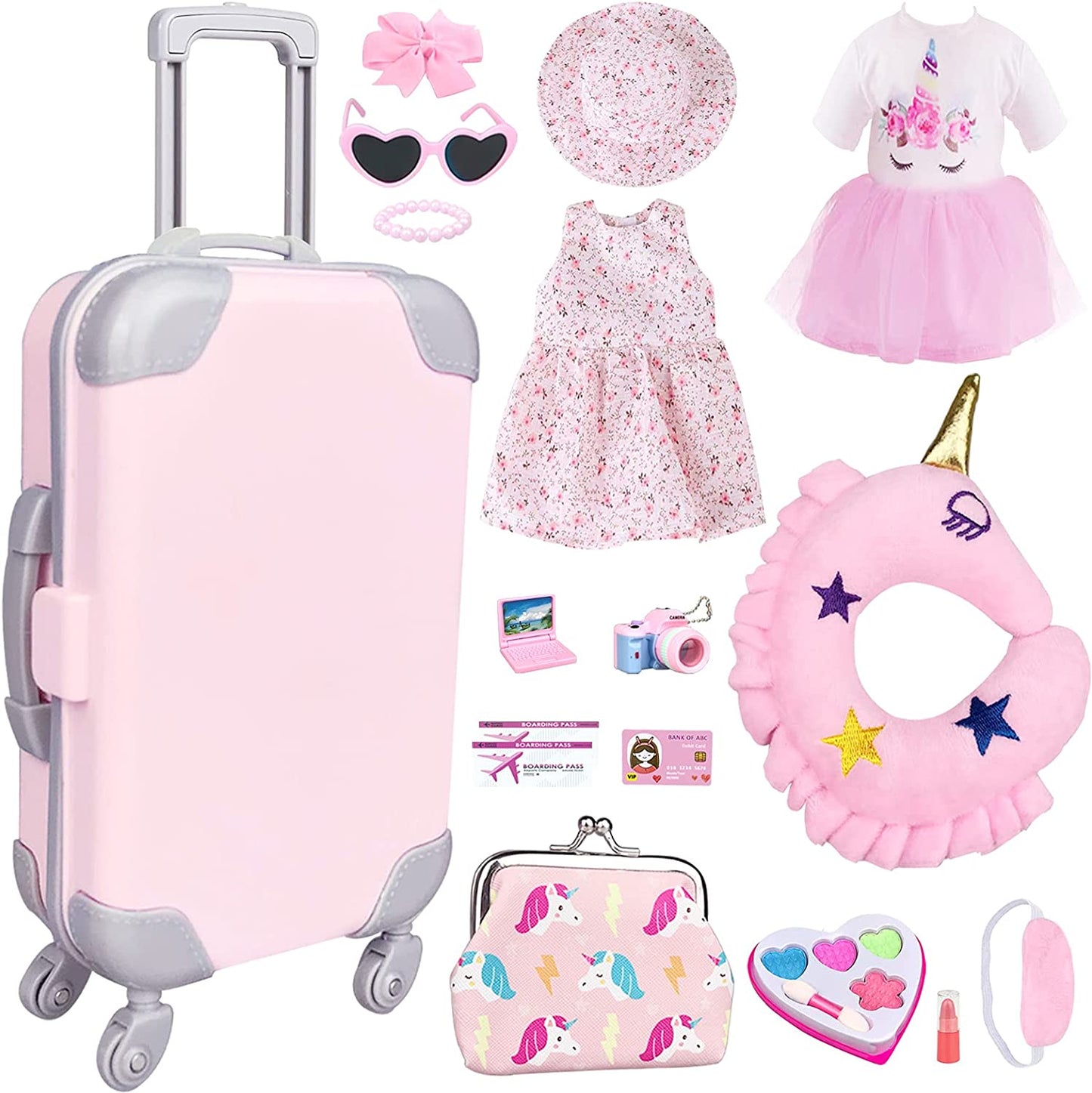 Travel set for 18 inch dolls, clothes and accessories, 17 pieces