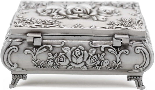 Rectangular Vintage Metal Rose Pattern Jewelry Box