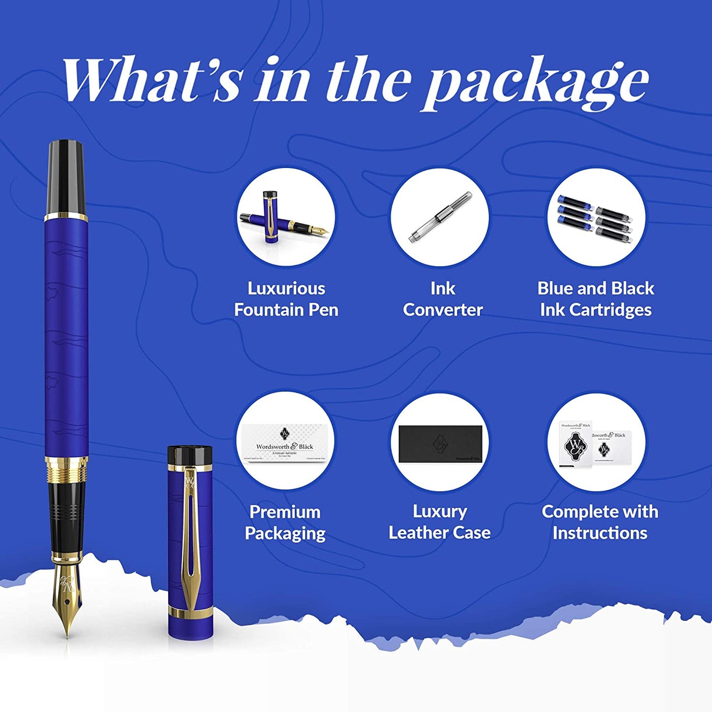 Fountain Pen Set [Blue Gold]; Medium Nib,e, 6 Ink Cartridges