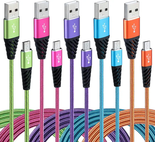 Fast charger for phone, 5 long braided micro USB cables