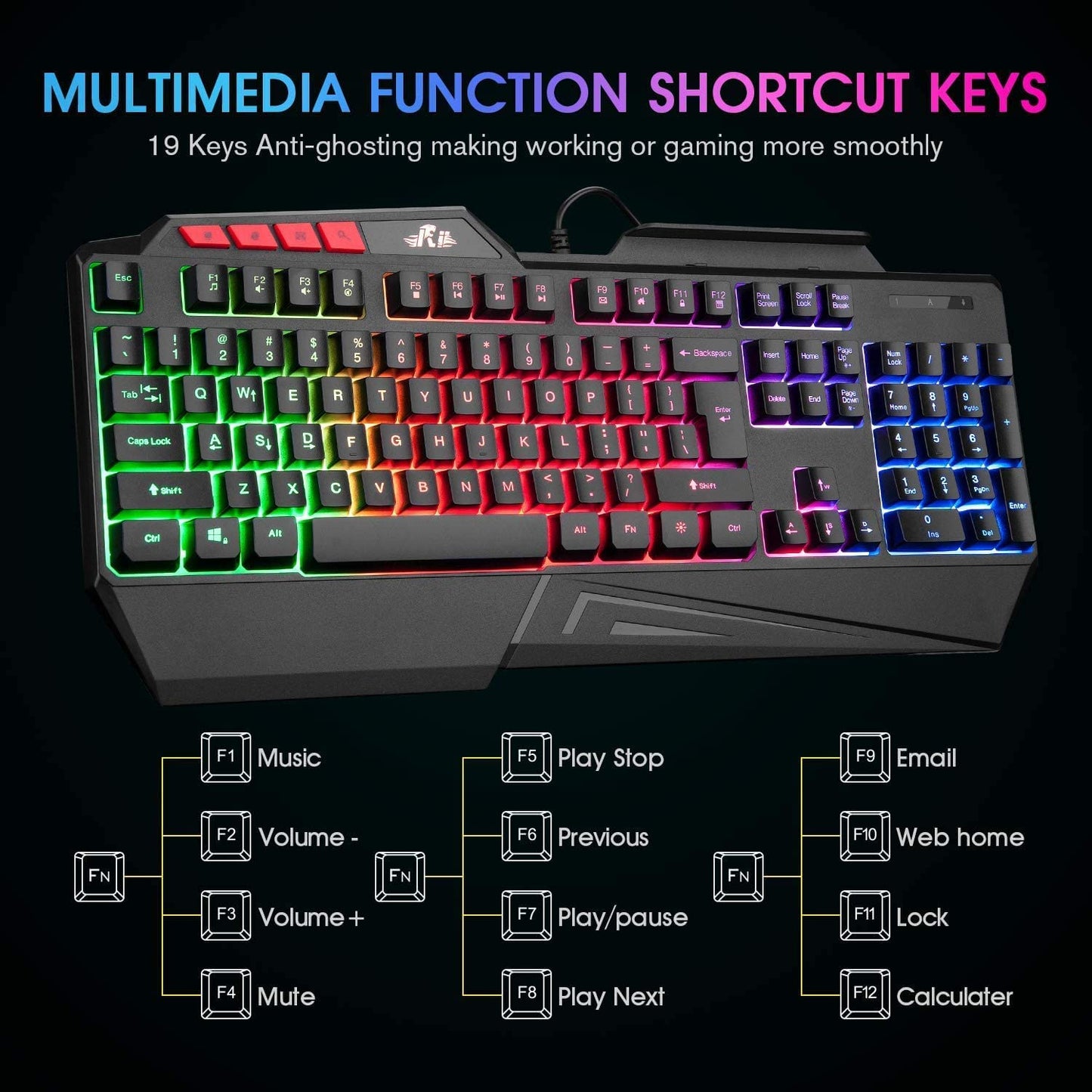 Multi Color Rainbow LED Backlit USB Wired Gaming Keyboard