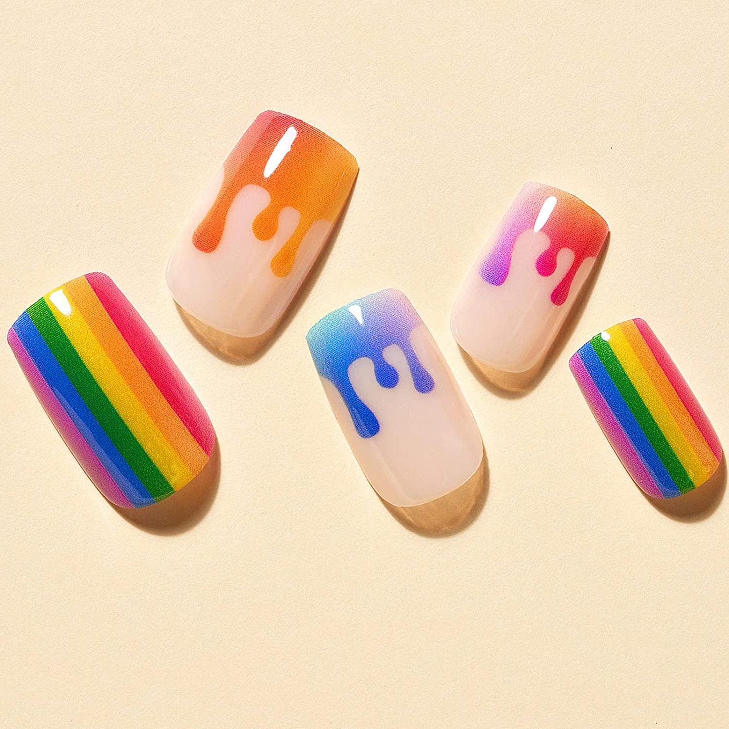 Cute Medium Short Square Rainbow Design False Nails 24 Pcs