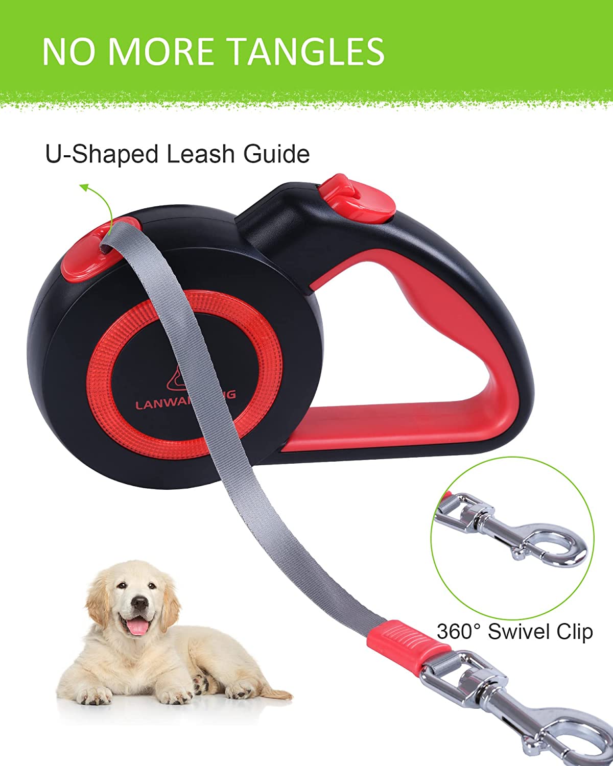 Retractable Pet Leash with 2 Wire Ropes, 16ft, Medium, red