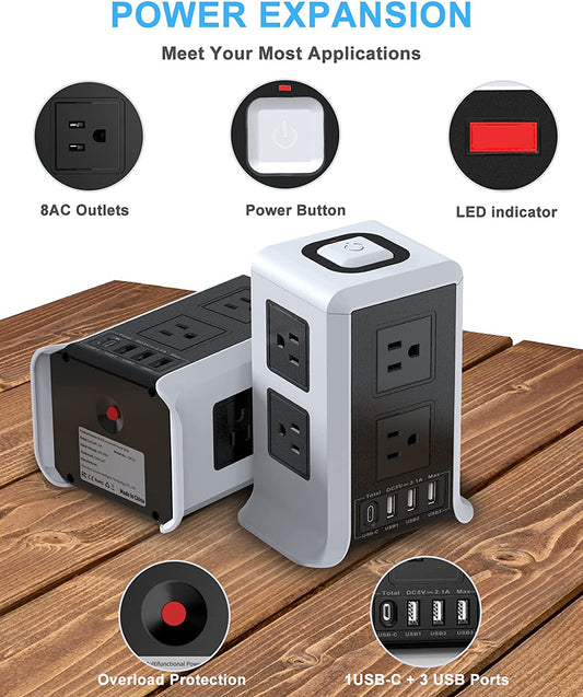 Power strip surge protector tower 8 outlet 4 ports