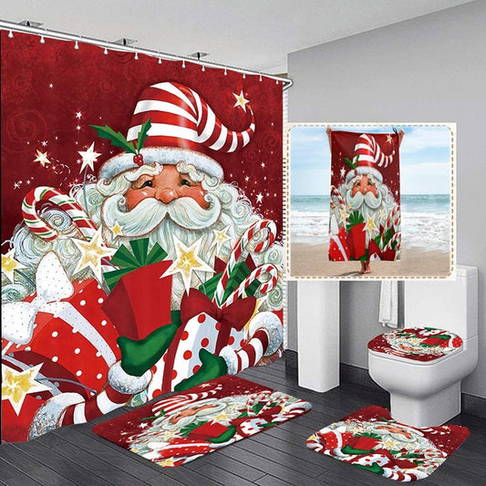 5 Sets Santa Claus Merry Christmas Rug Shower Curtain Sets