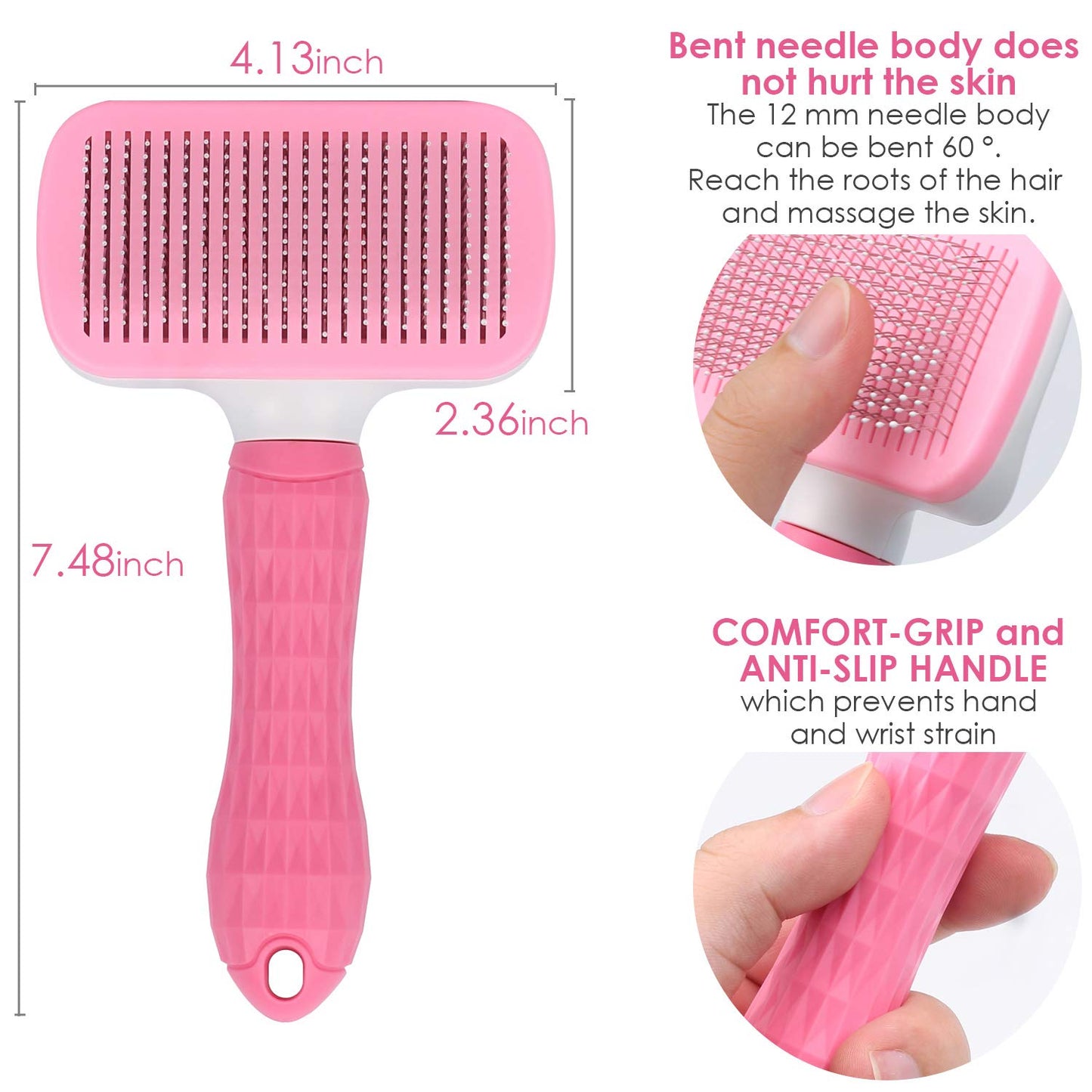 Self-cleaning pet brush, removes undercoat, pink