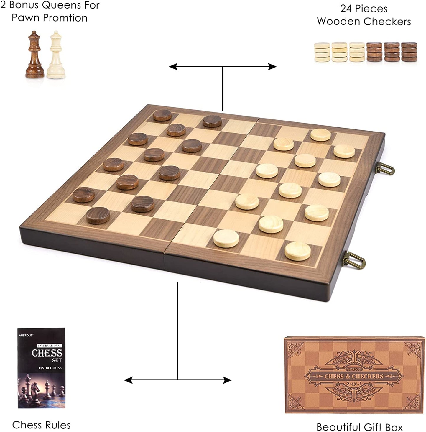 15 Inch Wooden Magnetic Chess and Checkers Set (2 in 1)