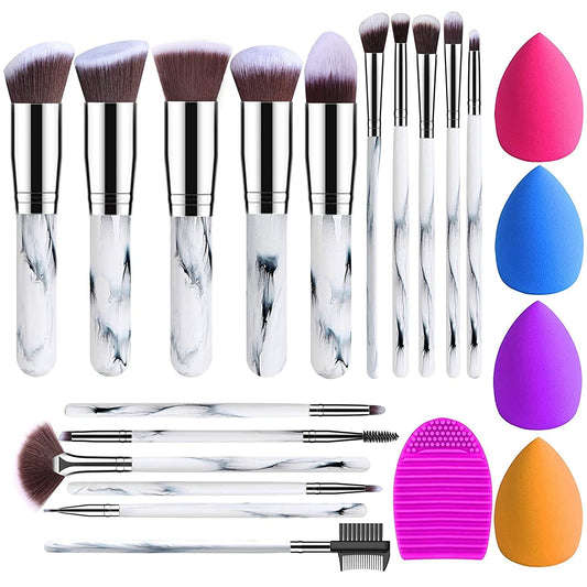 16-Piece Makeup Brush Set with 4 Sponges and 1 Cleaner (Marble)