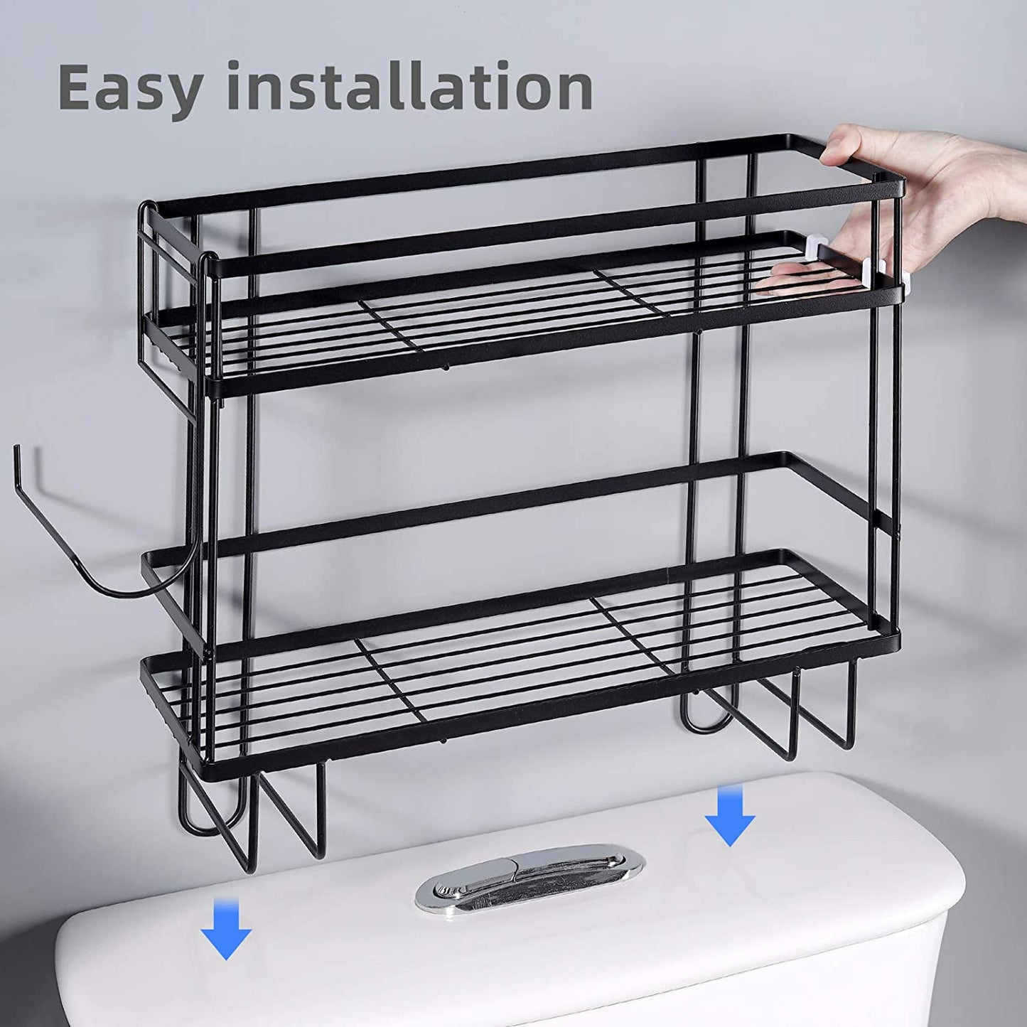 2 Tier Iron Bathroom Organizer with Hanging Hook (Black)