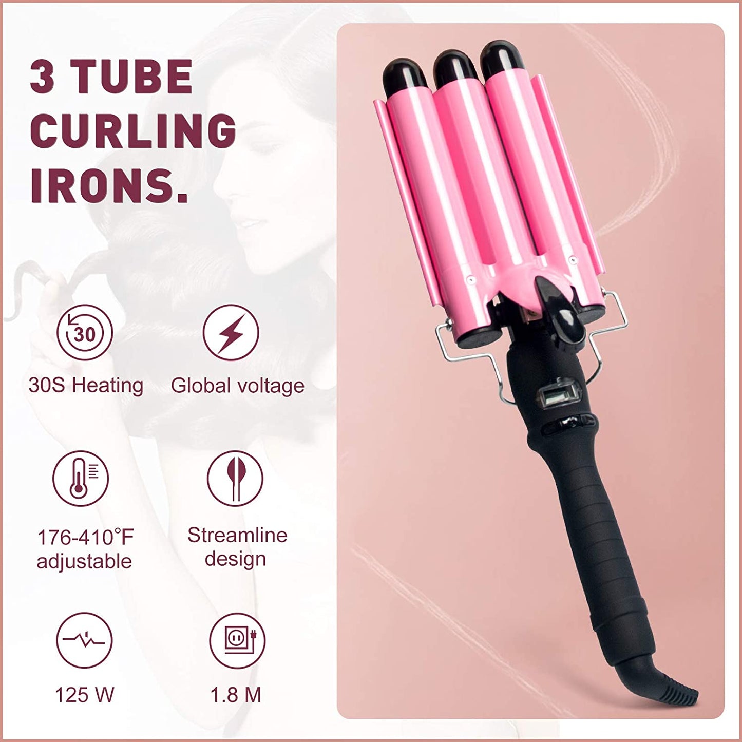 1 Inch Hair Curler with Adjustable Temperature, Pink