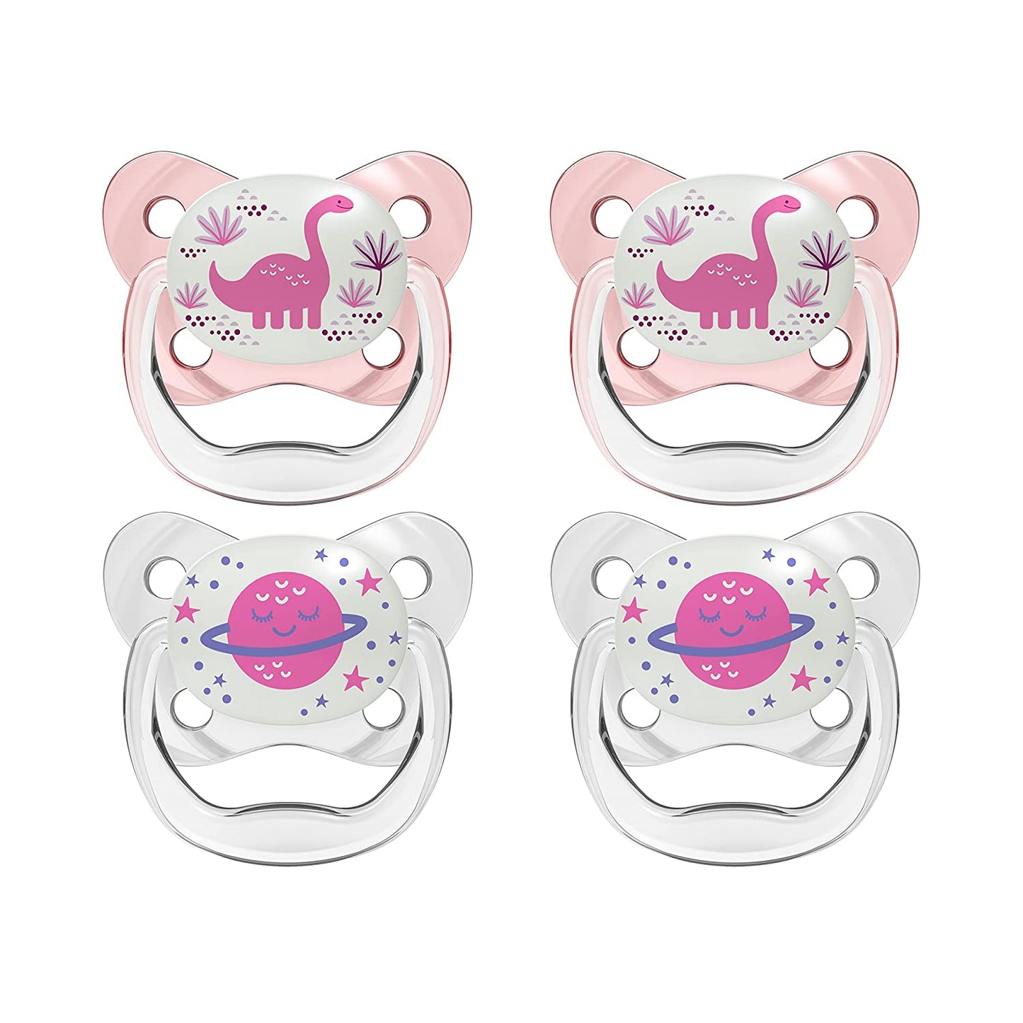 4 Pack Glow in The Dark Pacifiers (6-12m), (Pink)