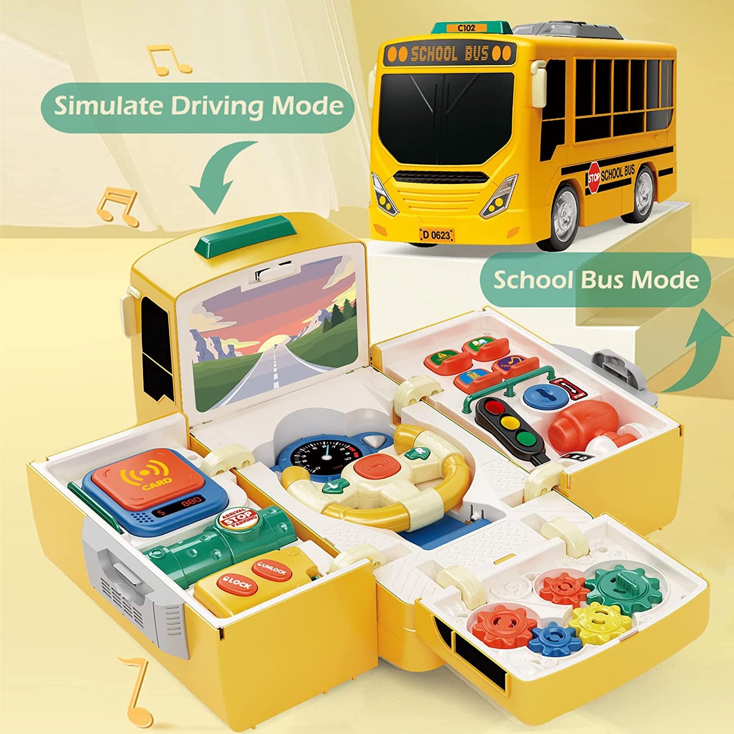 Simulation bus toy with sound and light, yellow