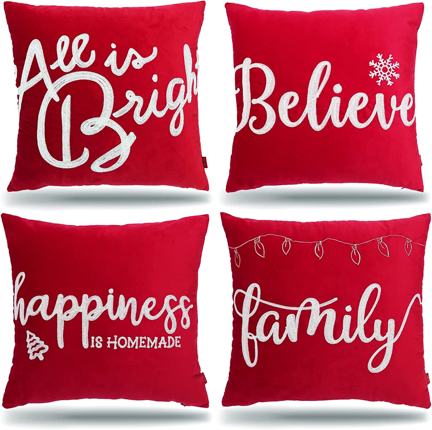 Set of 4 Christmas Embroidered Pillow Covers, 18" x 18", Red