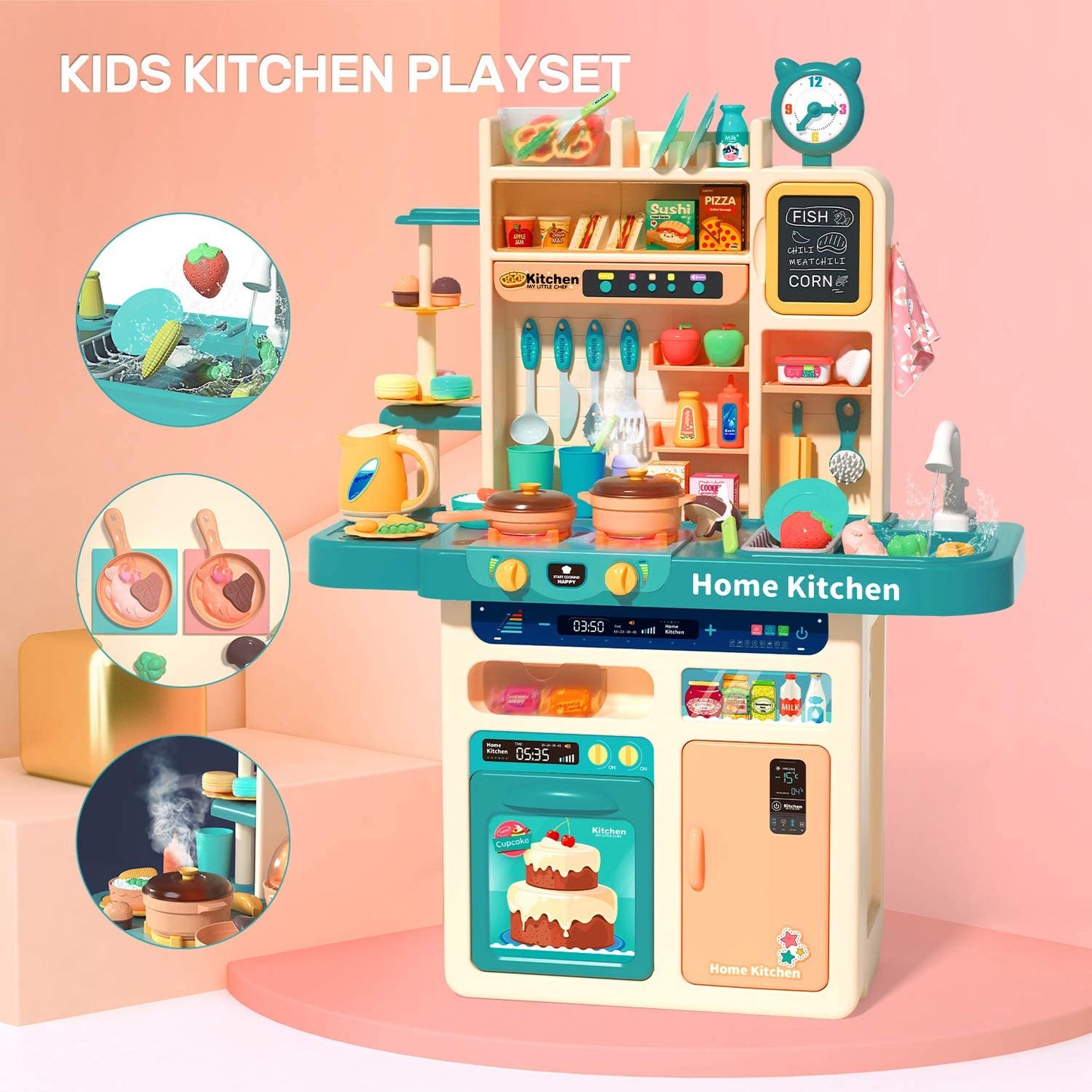 kitchen toy with realistic lights and sounds, (93 pieces)