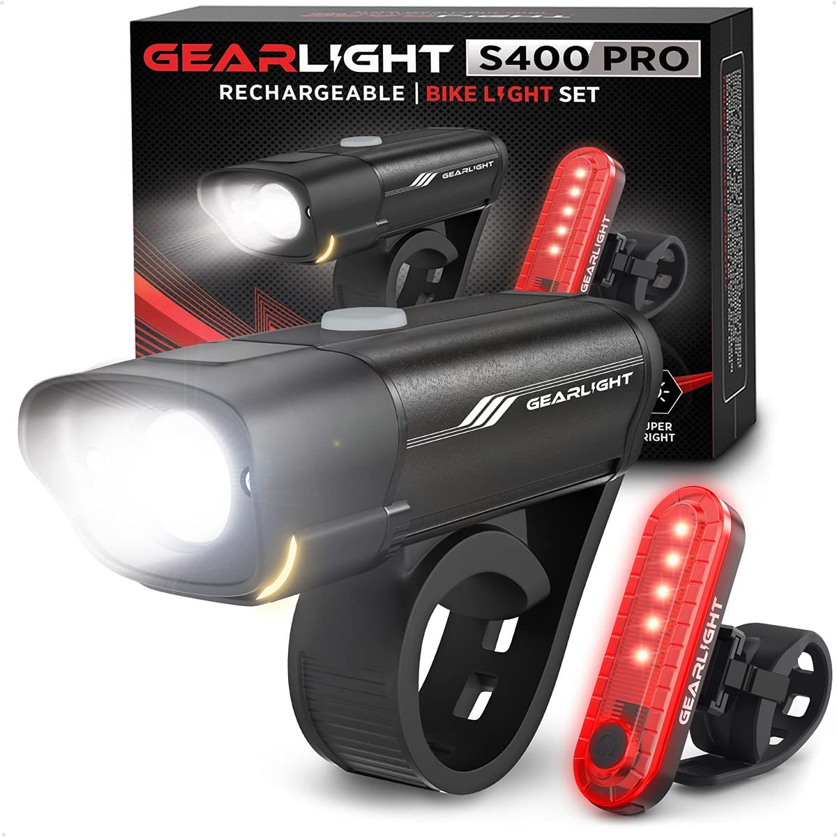 Rechargeable Bicycle Light Set, Front and Rear Light, Black, Red