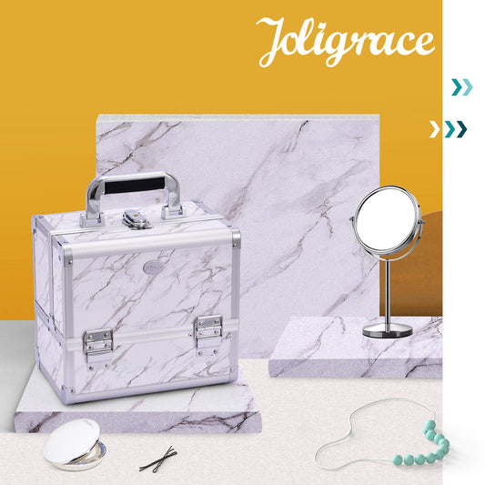 10-Inch 3-Tier Makeup Case with Mirror, White Marble