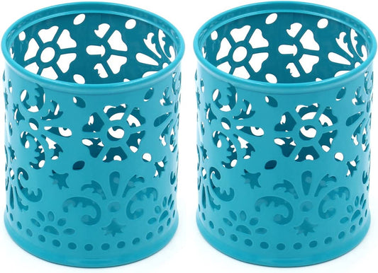 2 Round floral pencil holders, Dark Teal