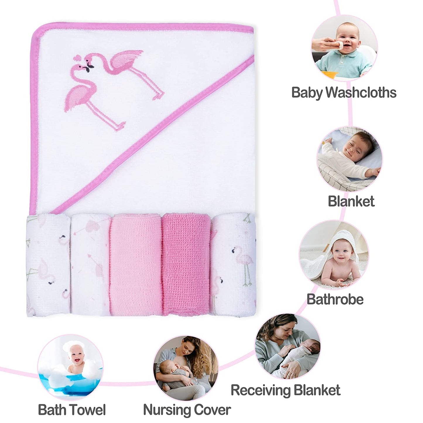 Baby Hooded Bath Towel and Washcloths, Color: Flamingos