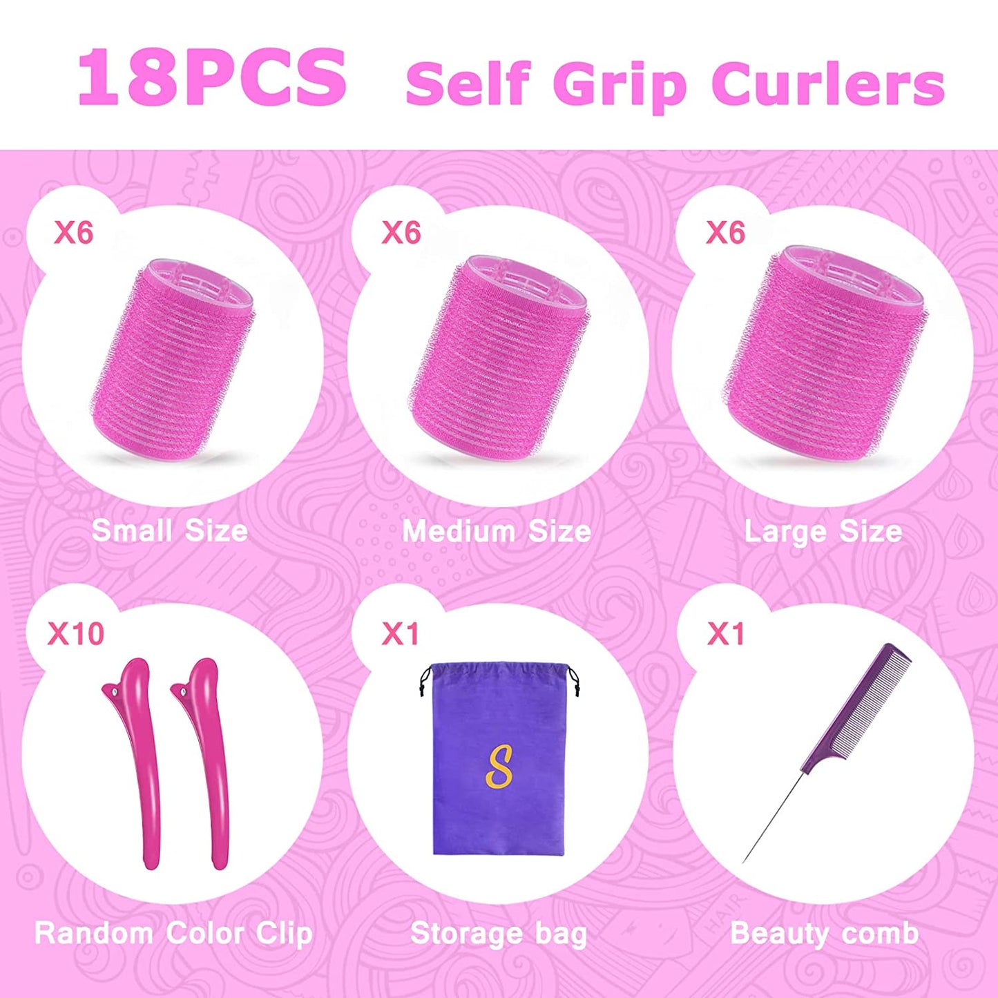 set of 18 heatless hair rollers, 3 sizes Color: Pink