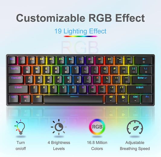 RGB Backlit Keyboard, Type C, 61 Keys, Gateron Optical Red Switch