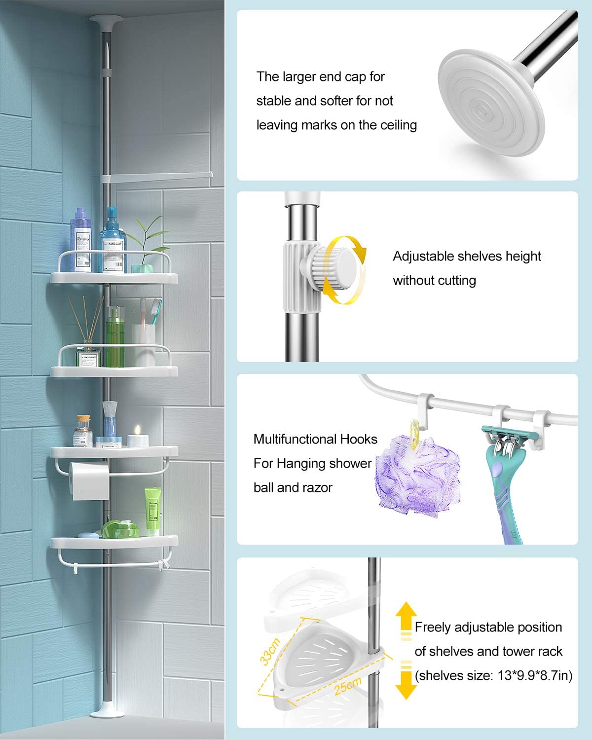 4 Layer Corner Shower Caddy 3.3 to 9.8ft