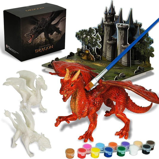 painting kit, with 3 dragon figures and 3D puzzle castle