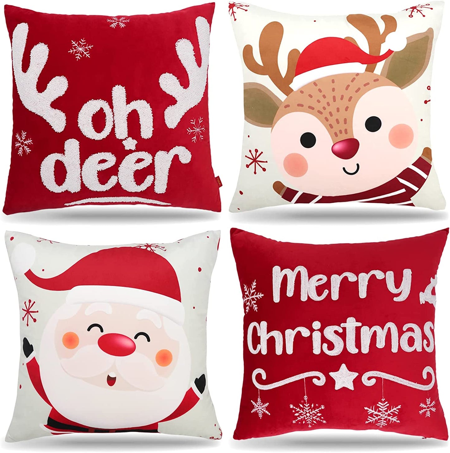 Set of 4 Christmas Embroidered Pillow Covers, 18" x 18", Deer