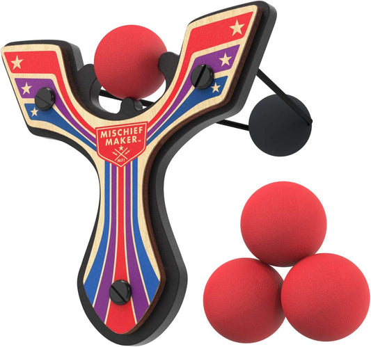 Wooden Slingshot Racing Toy and Foam Balls, (Red Winged)