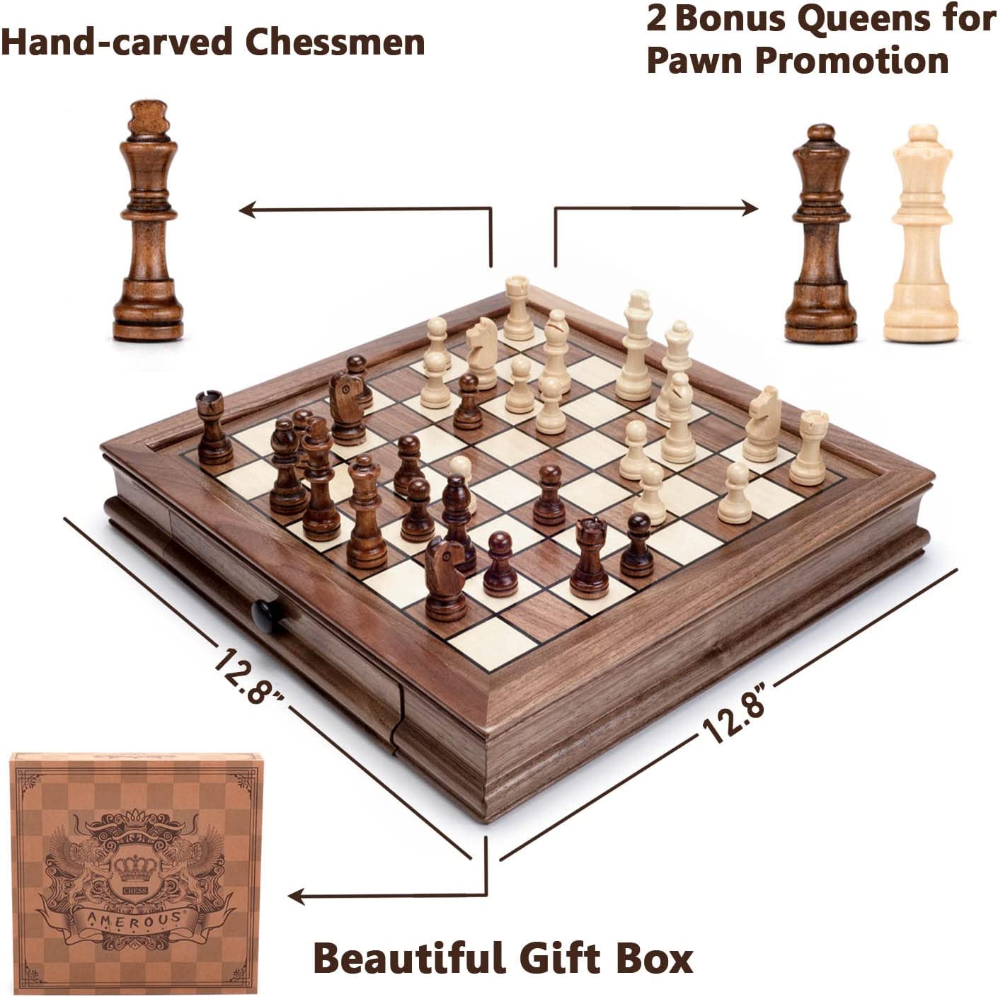 12.8" x 12.8" Wooden Magnetic Chess Set with 2 Storage Drawers