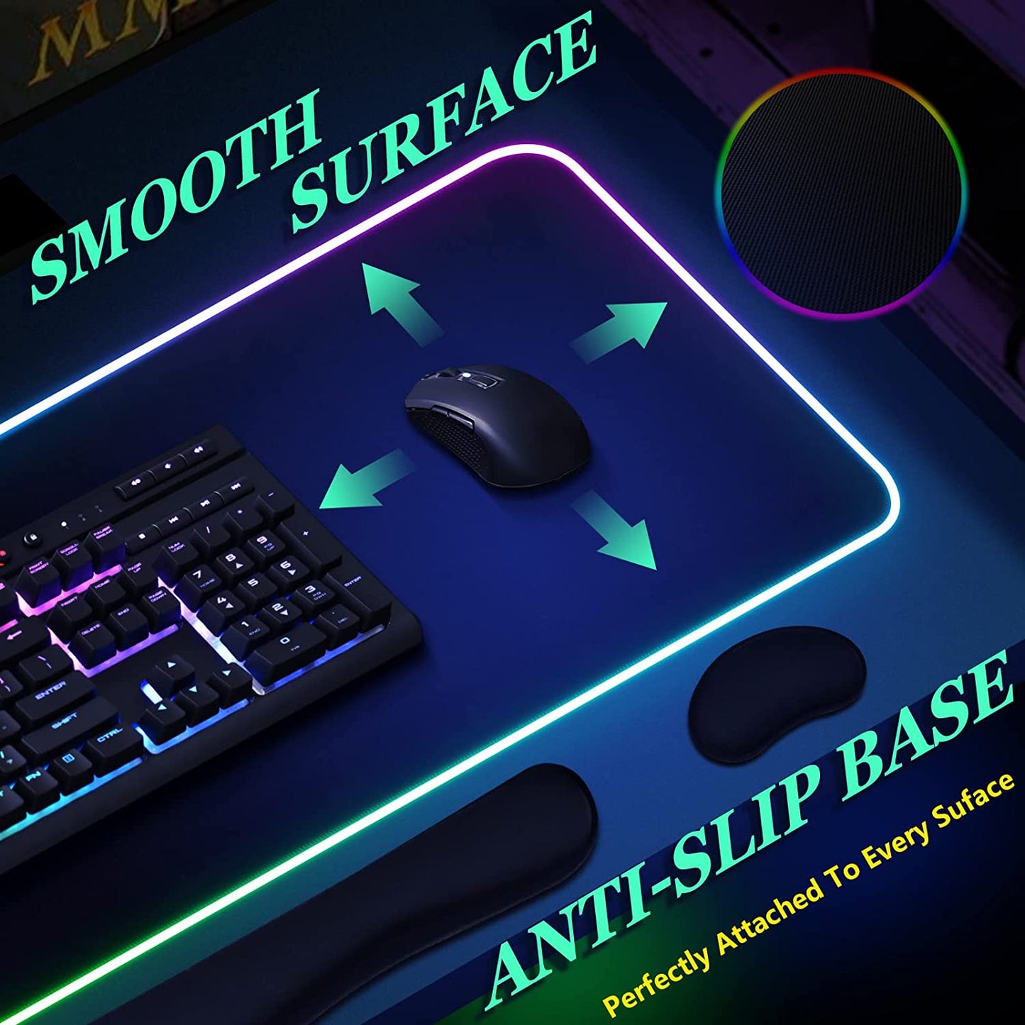 Gaming mouse pad, 14 light modes, 2 brightness levels.