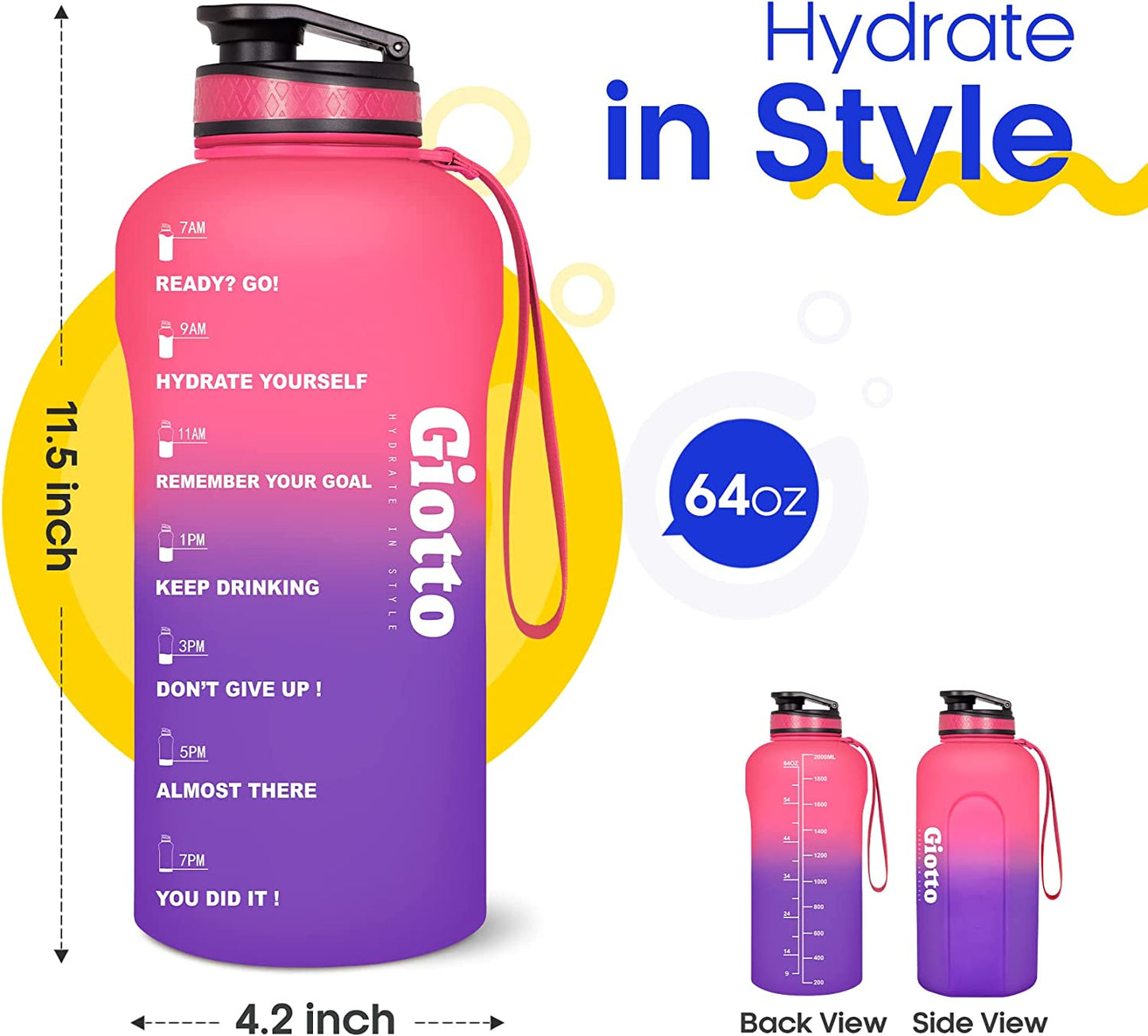 1/2 Gallon/64 oz Water Bottle With Time Marker