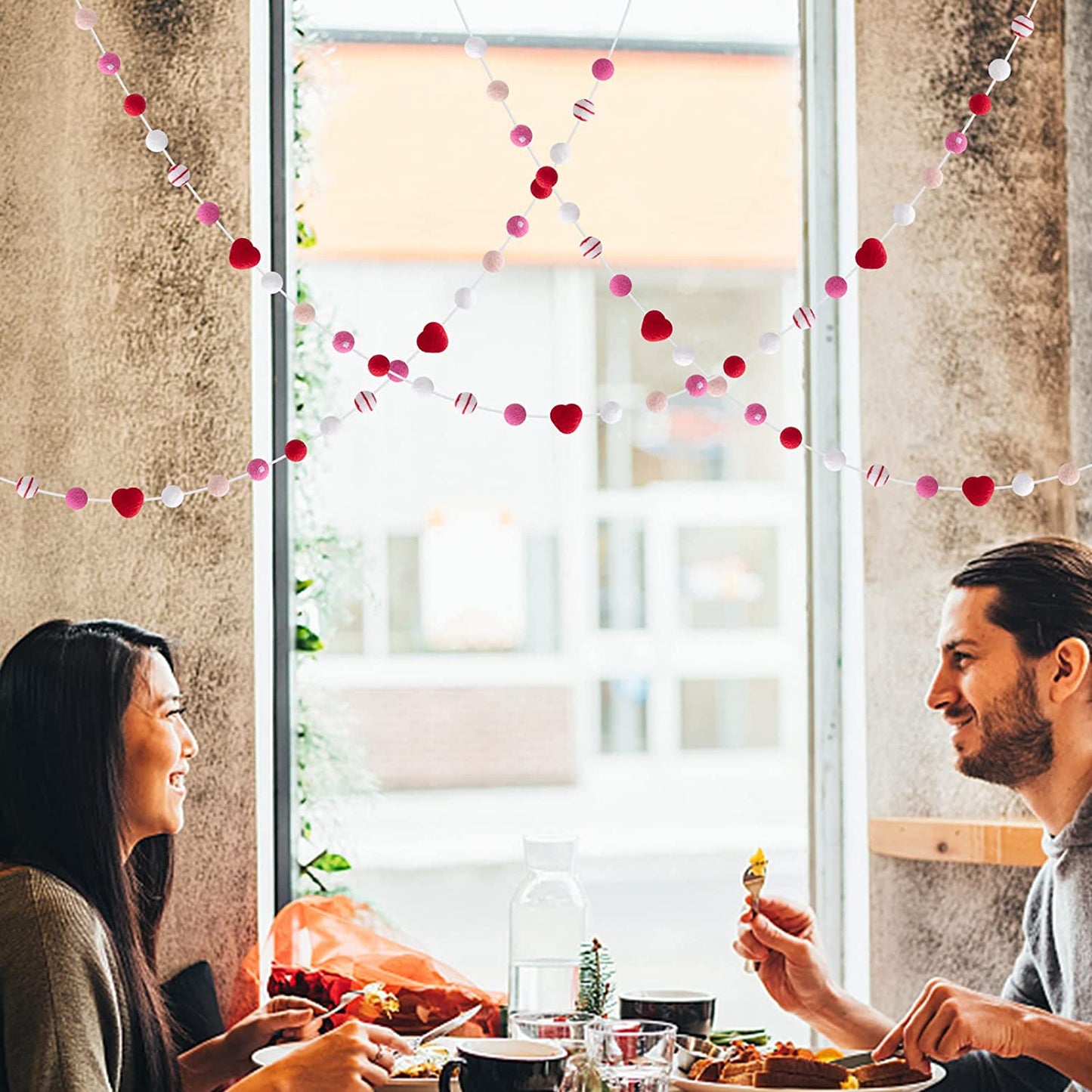 3 Felt Ball Garlands for Valentine's Day, 93 Balls, White Dot