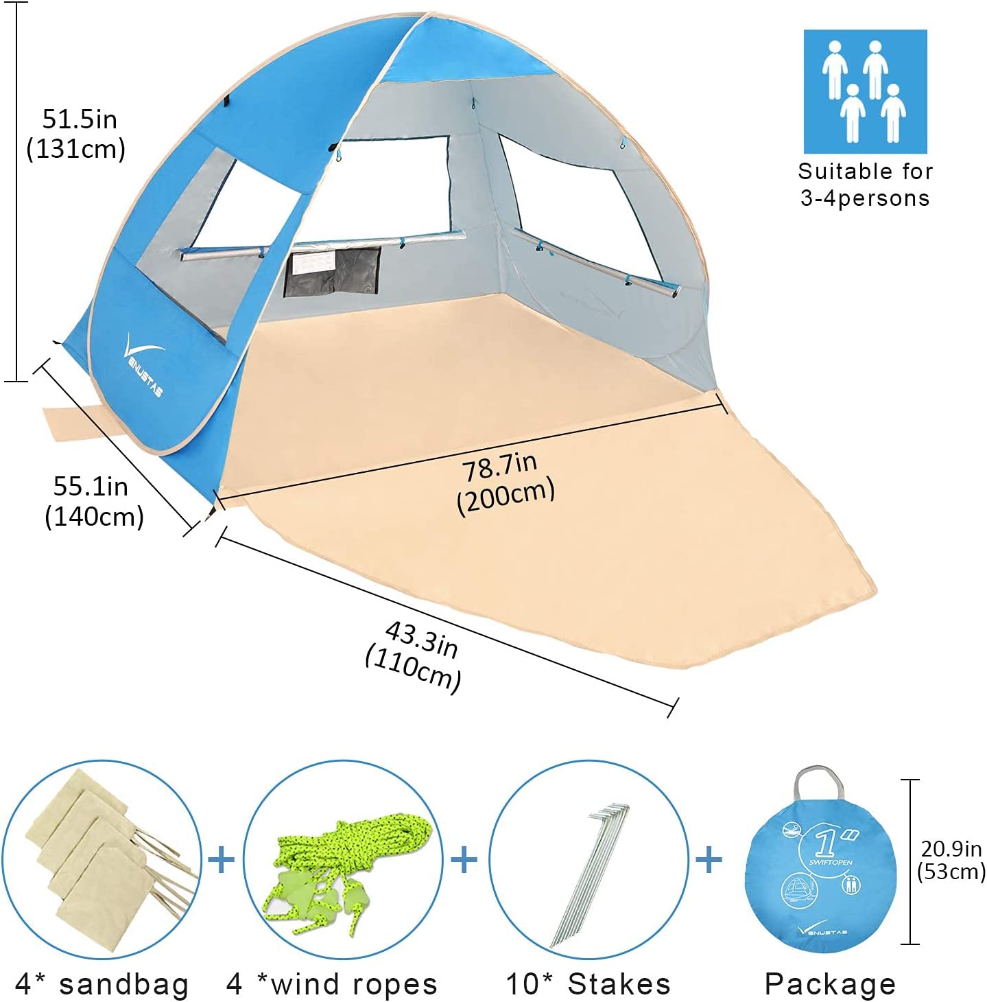 pop up beach tent for 3-4 people, Sky Blue