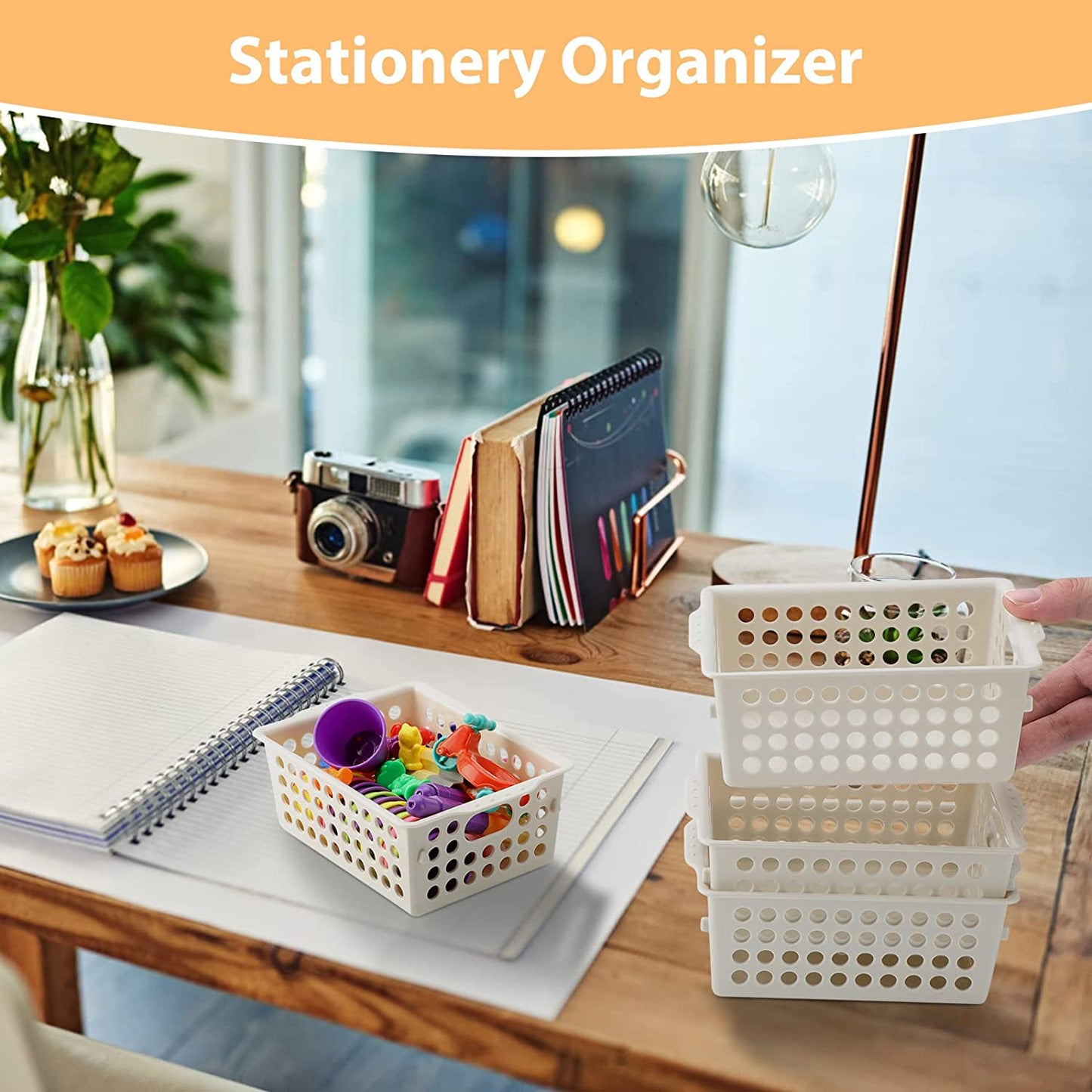 Small plastic baskets to organize desk drawers, Beige-12