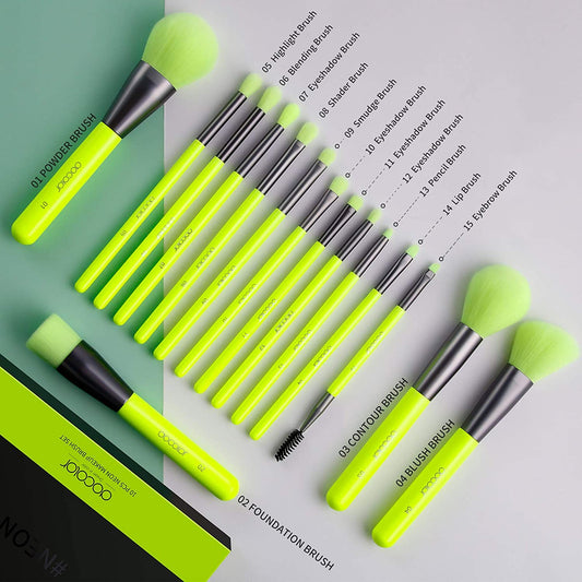 15Pcs Makeup Brushes, Neon Green