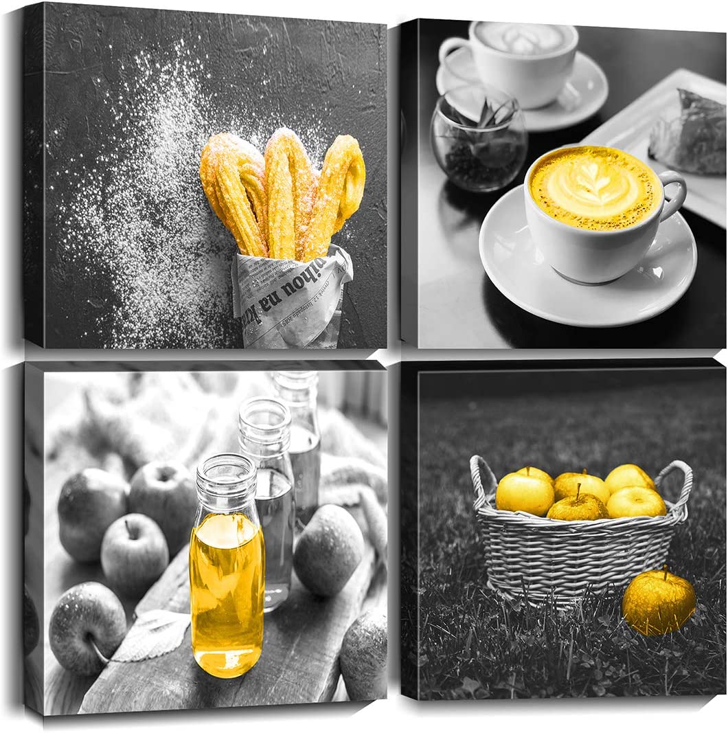 Decor Canvas prints, 4 pcs (black and white, yellow paint, 12x12)