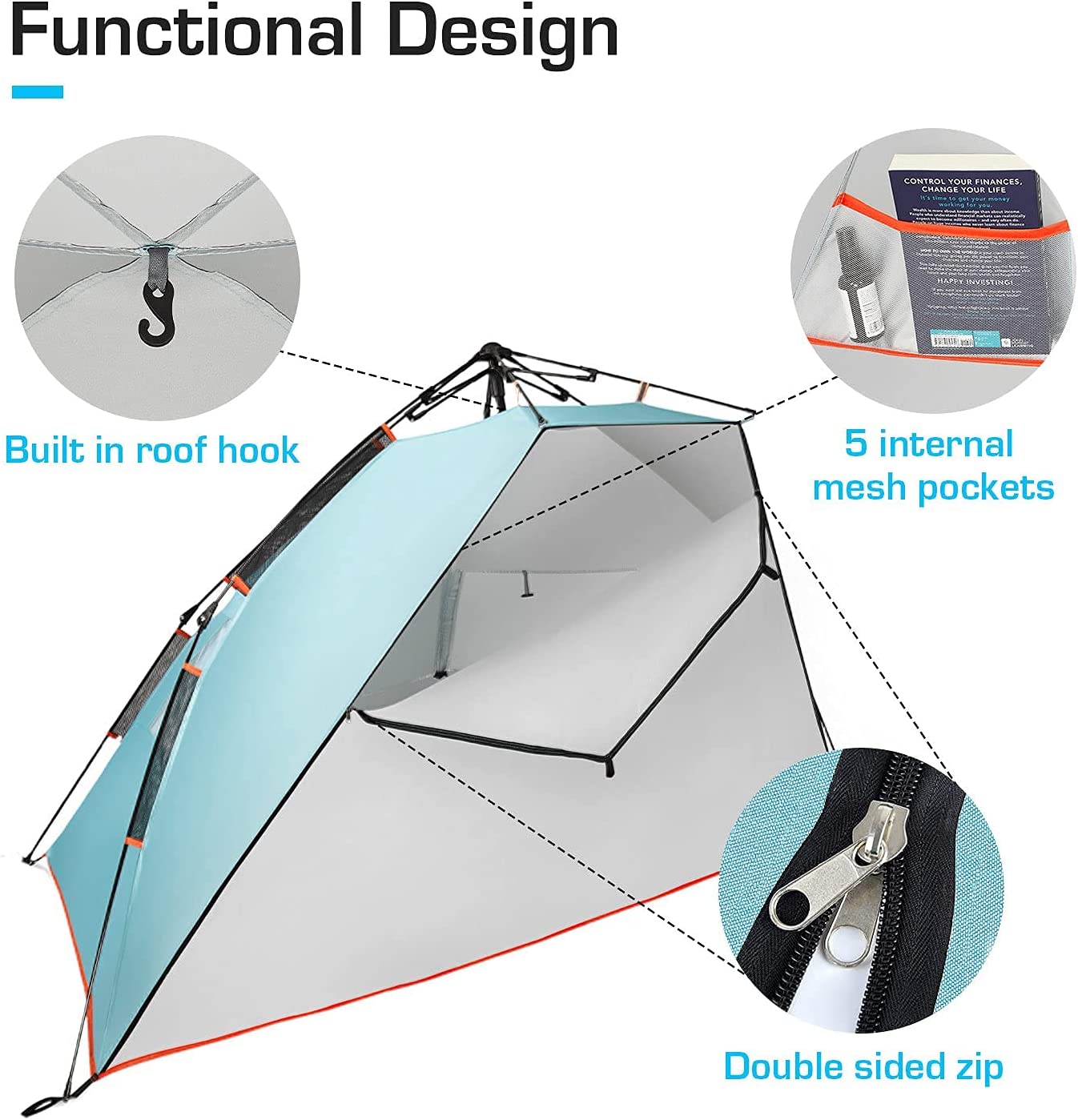 Easy setup beach tent for 3 or 4 people